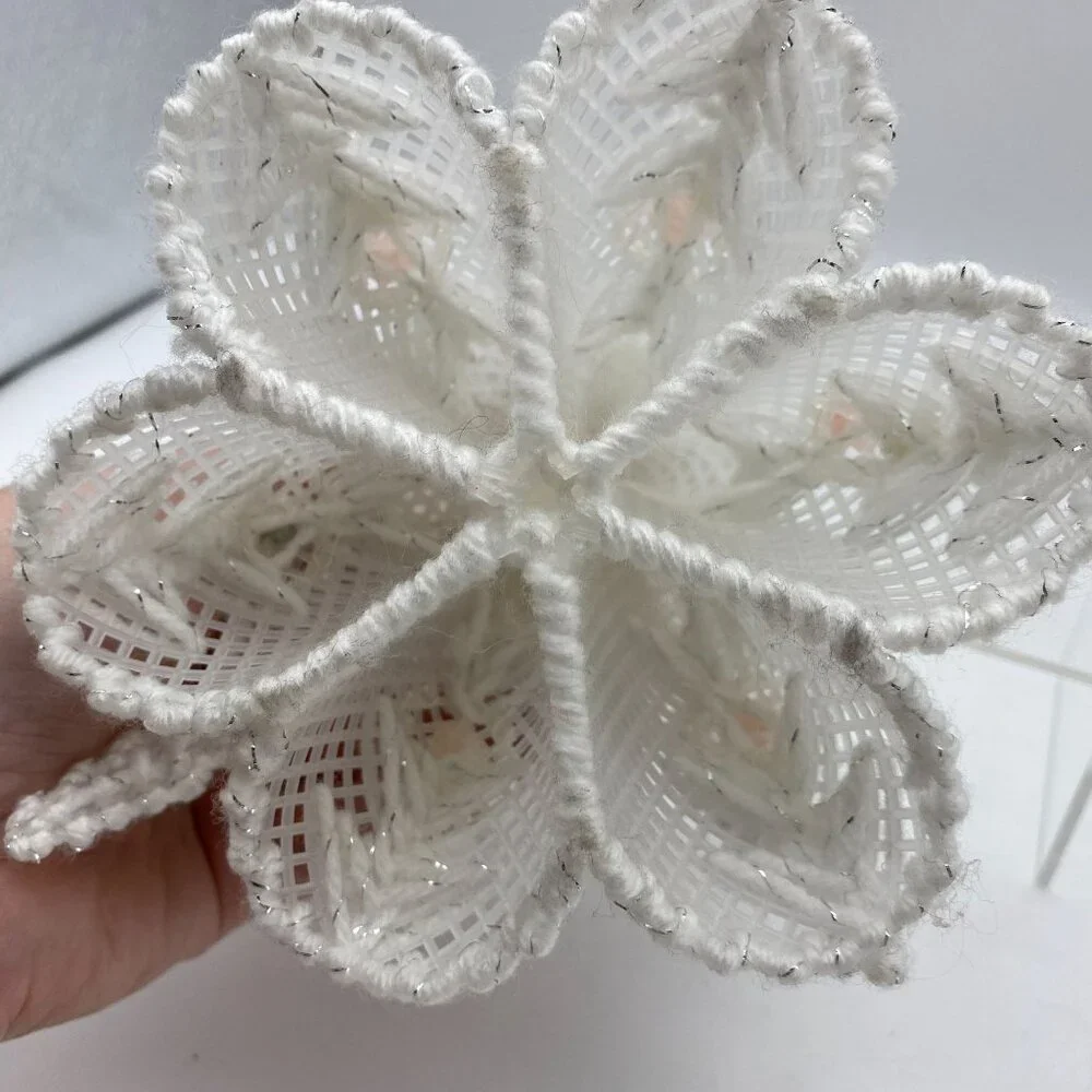 Vintage Handmade Christmas Angel White pink rosettes Blonde rubber face ornament